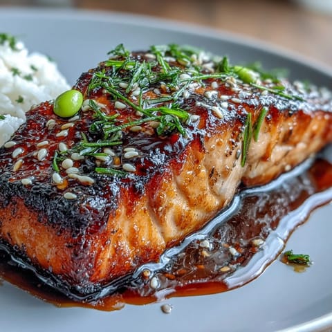 Fresh teriyaki salmon served over rice, with crisp vegetables, picture-perfect.
