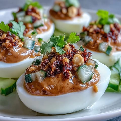 Close-up of Thai Peanut Deviled Eggs with cucumber relish, ready to be served.