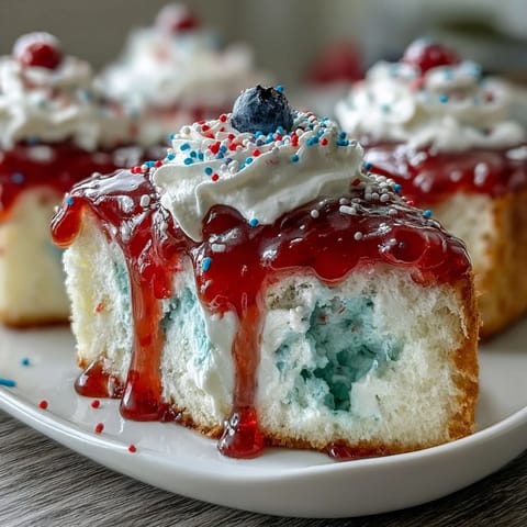 Festive Memorial Day red white blue poke cake swirled with patriotic colors, ready to slice and enjoy.