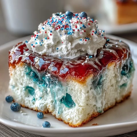 Vibrant red and blue gelatin permeates this creamy Memorial Day poke cake, topped with sprinkles.