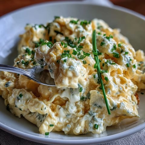 Creamy cottage cheese scrambled eggs, fluffy and protein-rich, served with fresh chives.