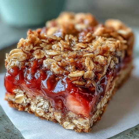 Golden brown Strawberry Rhubarb Crumble Bars with bubbling fruit filling.
