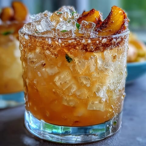 Iced Peach Green Tea Lemonade with fresh peach slices and mint.