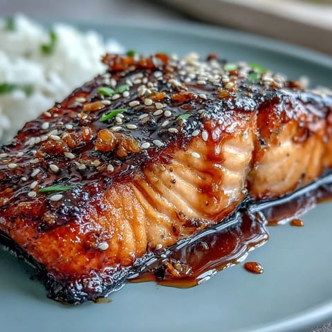 Glazed salmon teriyaki bowl with fluffy rice, edamame, and cucumber.