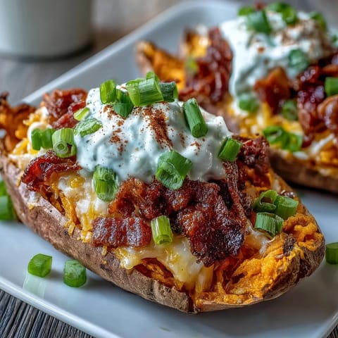 Crispy loaded sweet potato skins topped with melted cheddar, smoky bacon, and a dollop of sour cream.