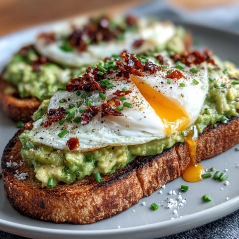 Creamy smashed avocado on toasted sourdough, topped with a poached egg and a spicy chili crisp drizzle for a vibrant breakfast.