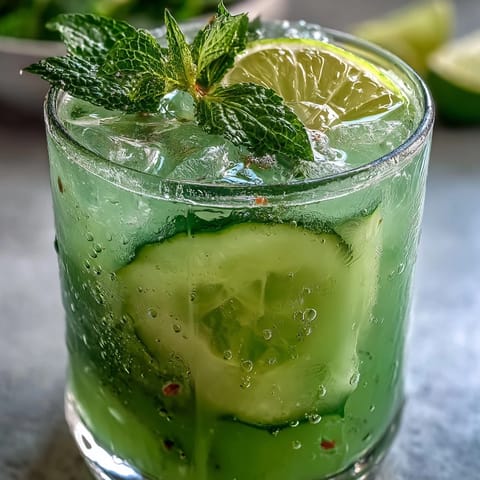 Vibrant Green Detox Cucumber Mint Agua Fresca with lime and mint garnish.
