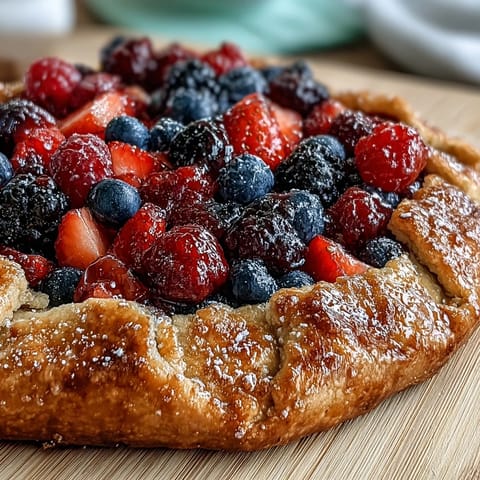 Rustic summer berry galette, golden almond crust bursting with sweet-tart fruit.