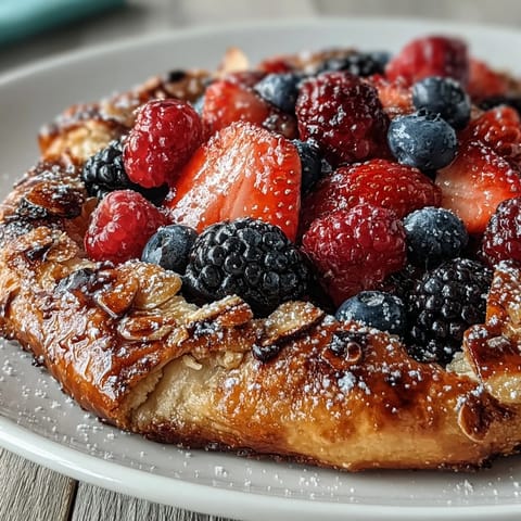 Close-up of summer berry galette, flaky crust, jewel-toned berries, perfect dessert.