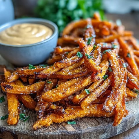 Golden sweet potato fries from the air fryer, served with a zesty chipotle aioli dip.