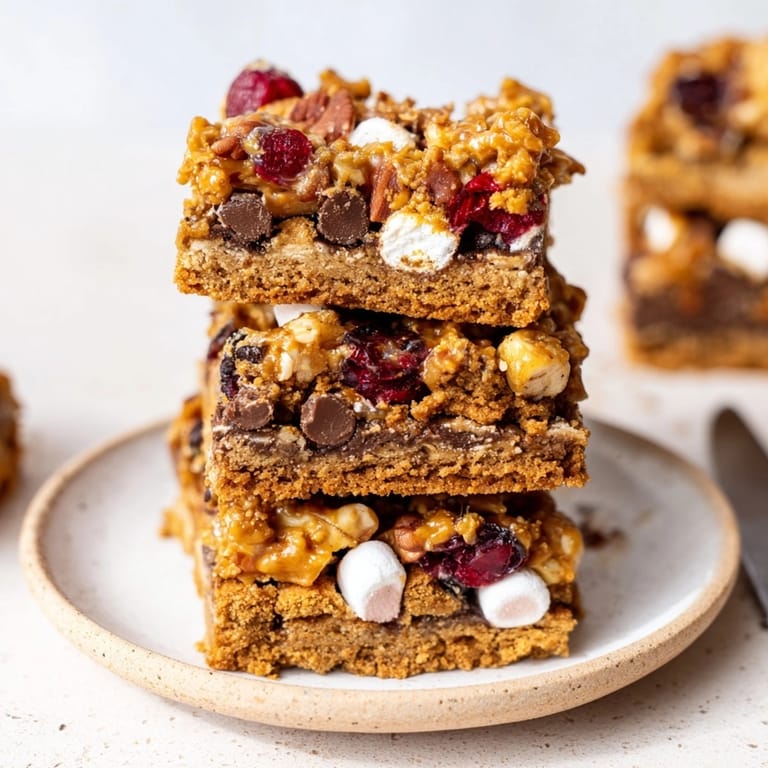 Eye-level view of layered Chaos Cake Thanksgiving Turkey Disaster Bars, ready to serve.