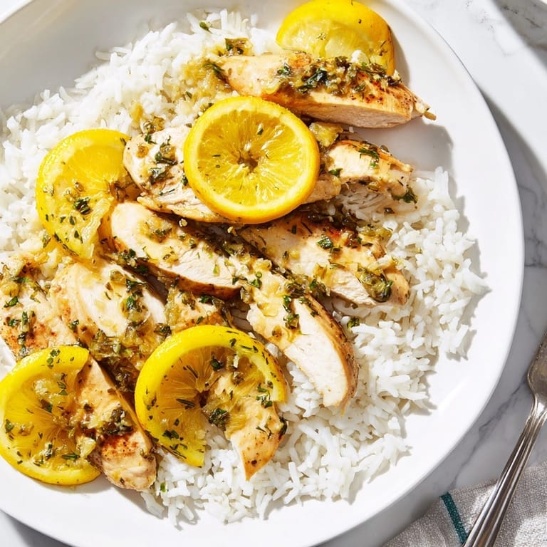 Homemade lemon herb chicken &amp; rice ready to serve, fragrant and steaming.