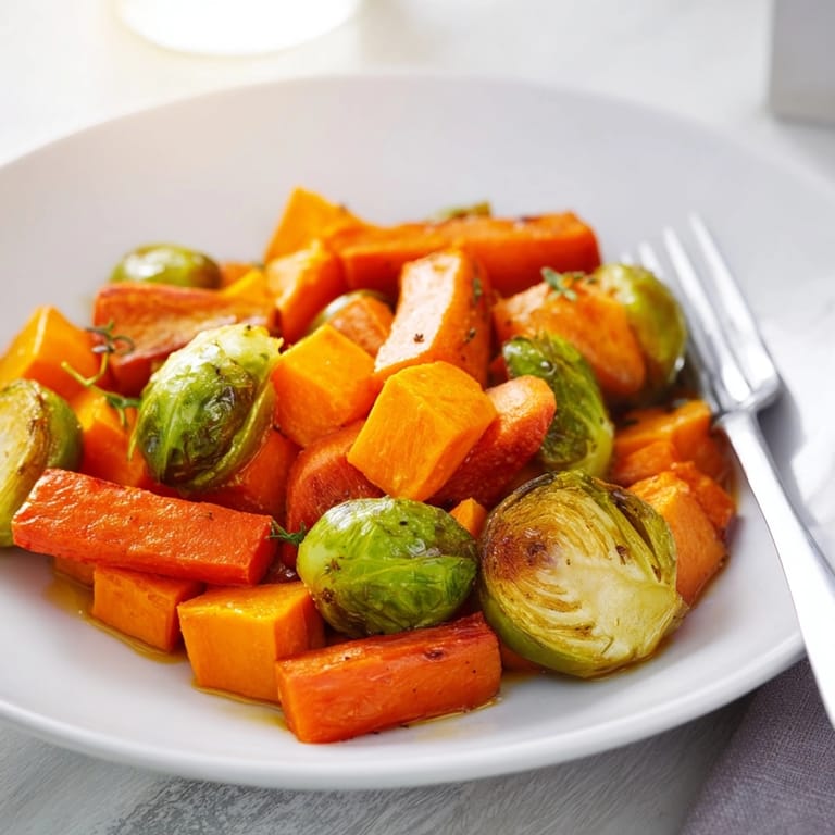 Honey-glazed Roasted Autumn Vegetable Medley, a sweet and savory side dish, ready to serve.