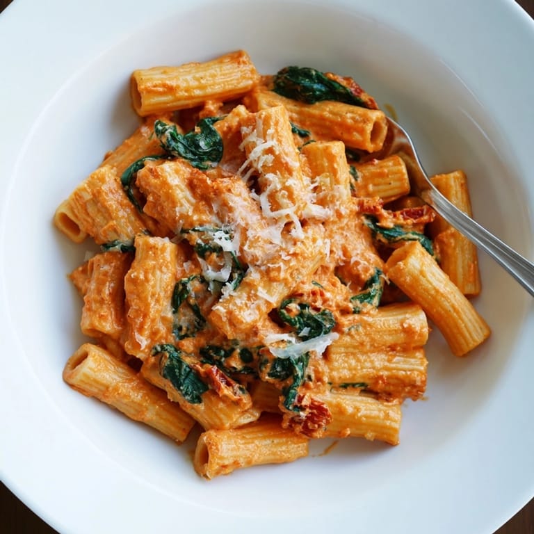 Delicious Creamy Tomato Tuscan Pasta recipe: see vibrant textures of sun-dried tomatoes and sauce.