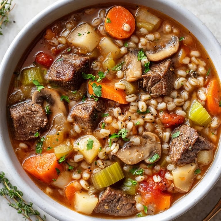 Savory beef and barley soup bubbling with flavor, ideal for family gatherings.