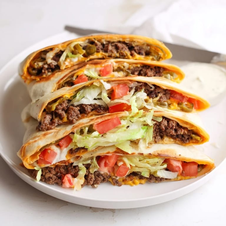 Delicious Crunchwrap Supreme Copycat ready to serve, featuring beef, creamy sour cream, and fresh veggies.