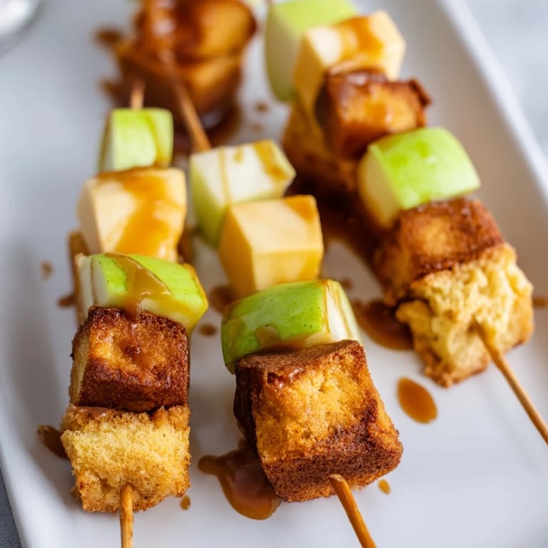 Colorful skewers of muffin, apple, and cheddar showcasing sweet and savory flavors.