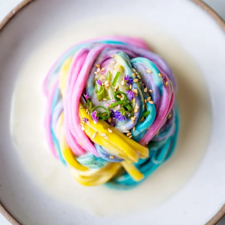 Colorful Neon Noodle Cloud served with scallions and edible flowers for a festive touch.