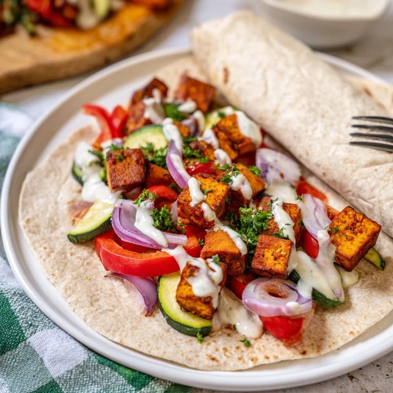 Colorful plant-based meal showcasing marinated tofu, bell peppers, and a creamy tahini sauce.  