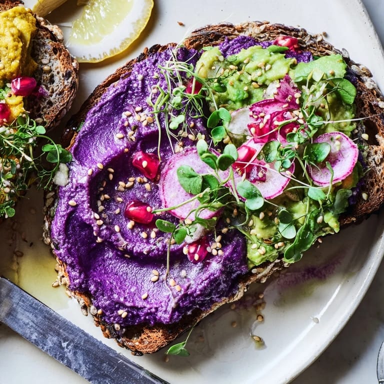 Colorful breakfast toasts featuring creamy avocado, ube jam, and crunchy radishes.  