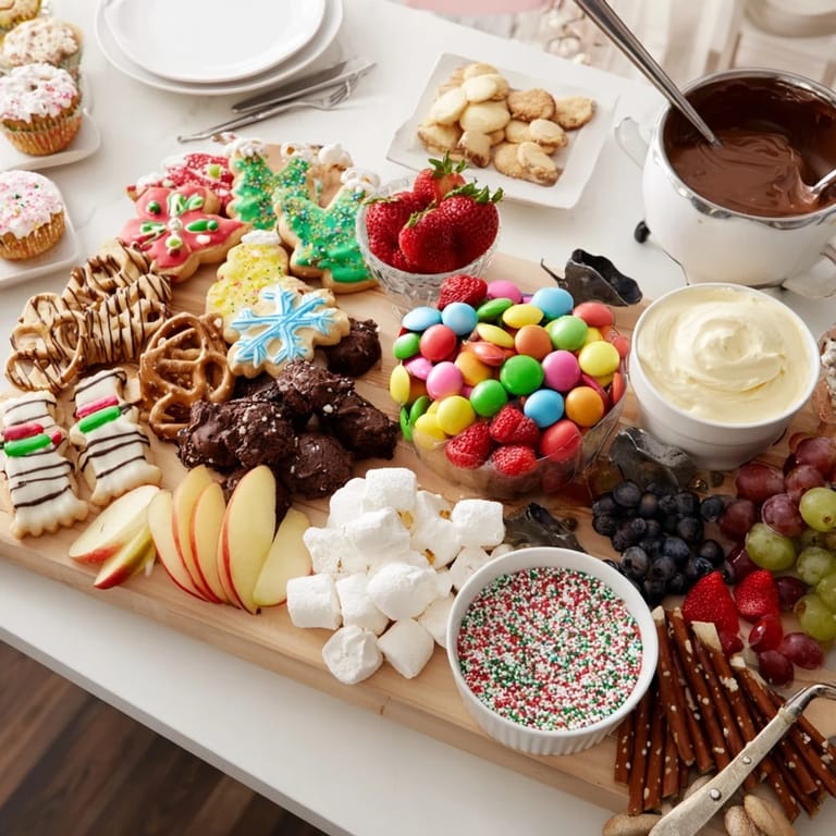 Themed dessert boards adorned with chocolate, candies, and fresh fruits.