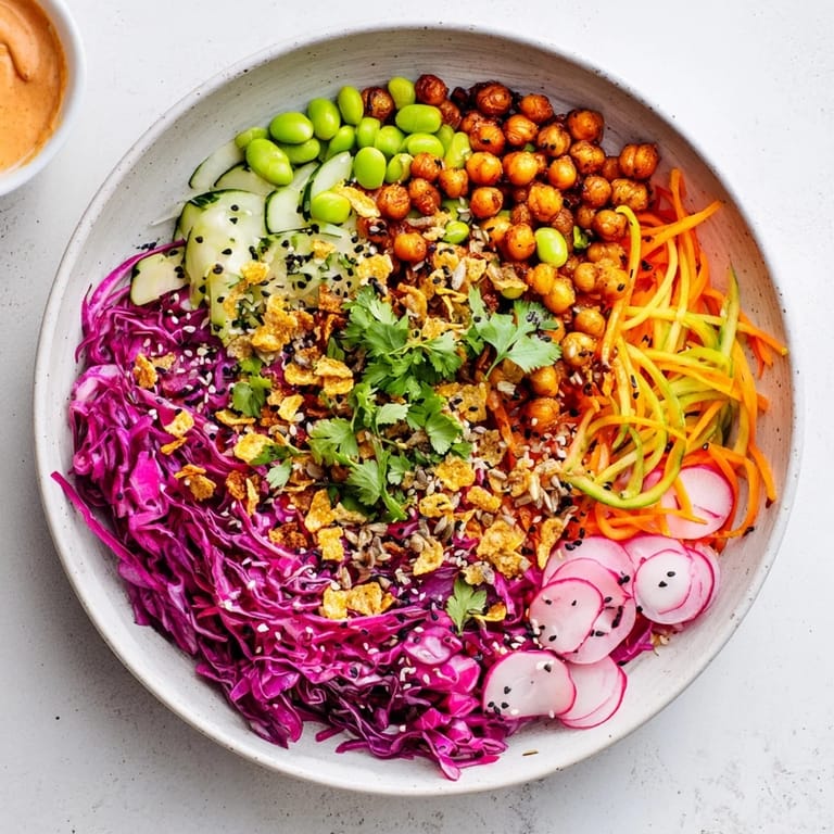 Colorful ASMR Crunch Snack Bowls with crunchy toppings and fresh veggies for a tasty treat.  