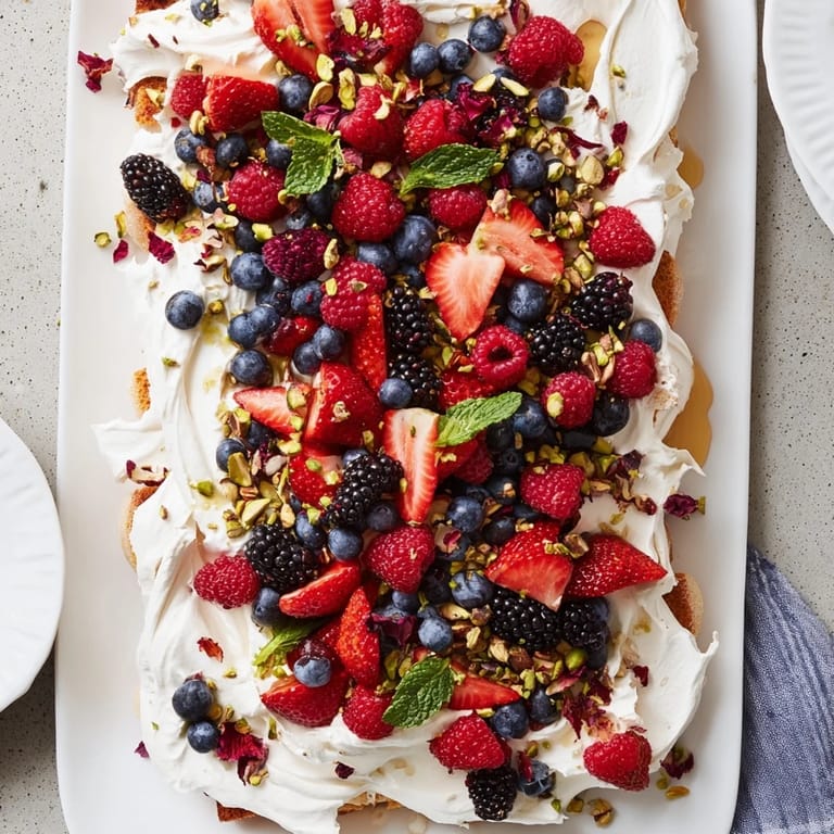 Indulge in this butter board dessert featuring vibrant berries and sweet drizzles.  