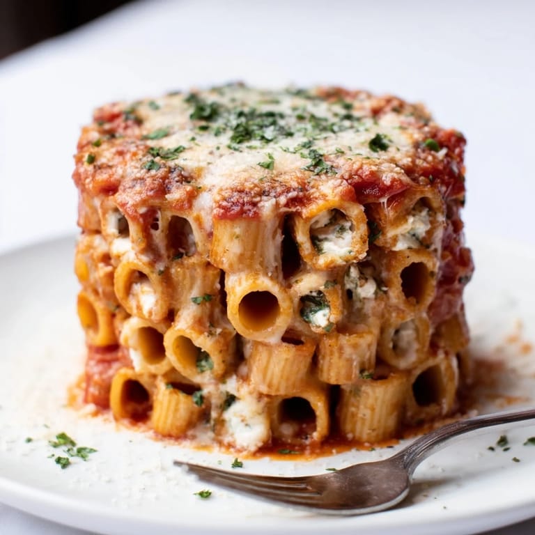 Impressive Honeycomb Pasta Cake featuring upright rigatoni filled with savory tomato and cheese.
