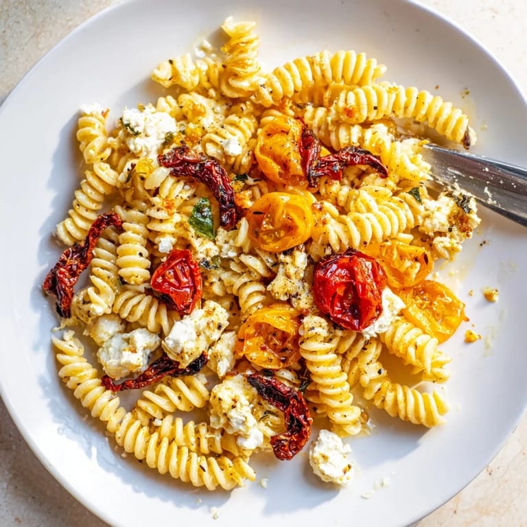 Delicious baked feta pasta topped with fresh basil for a colorful weeknight meal.  