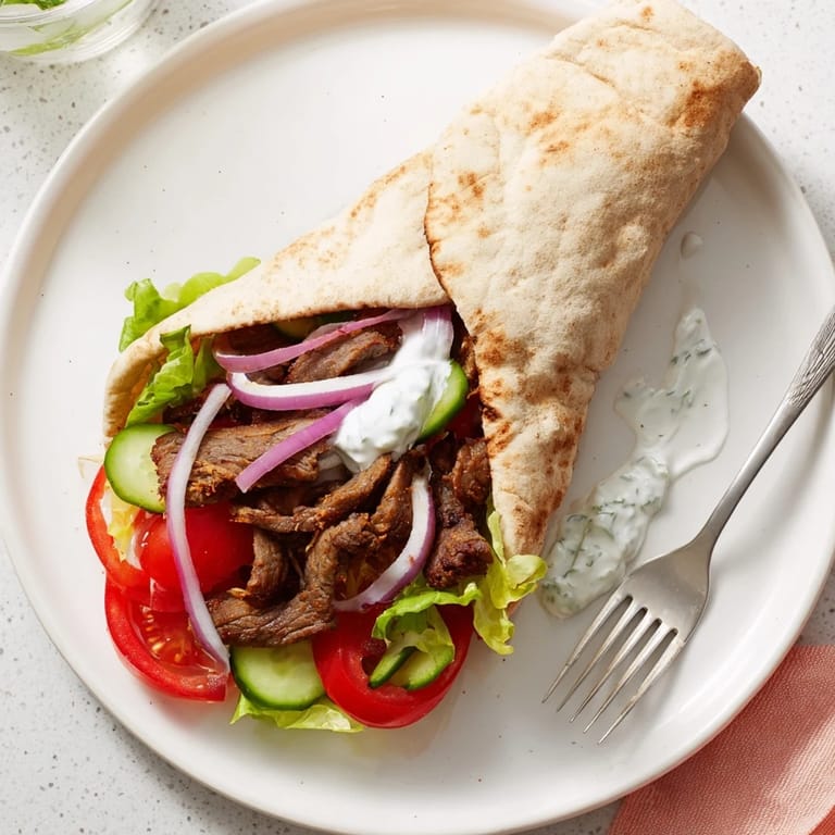 Spiced beef strips folded in warm flatbread with zesty yogurt sauce and veggies.  