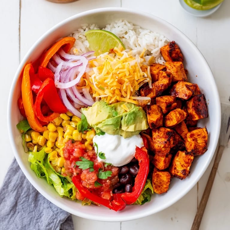 Savory Sheet Pan Chicken Burrito Bowls featuring roasted chicken, rice, and vibrant garnishes.
