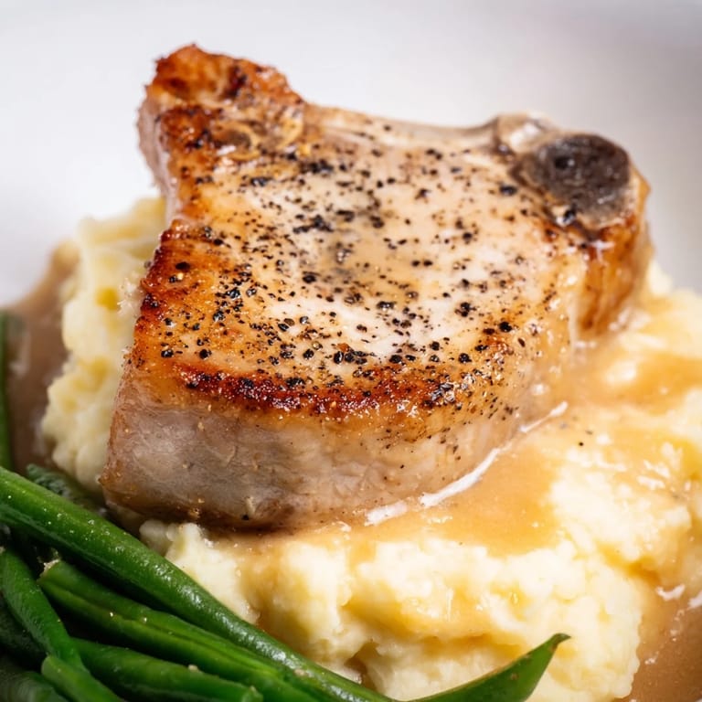 Delicious pork chops paired with cheddar mashed potatoes and rich pan gravy.