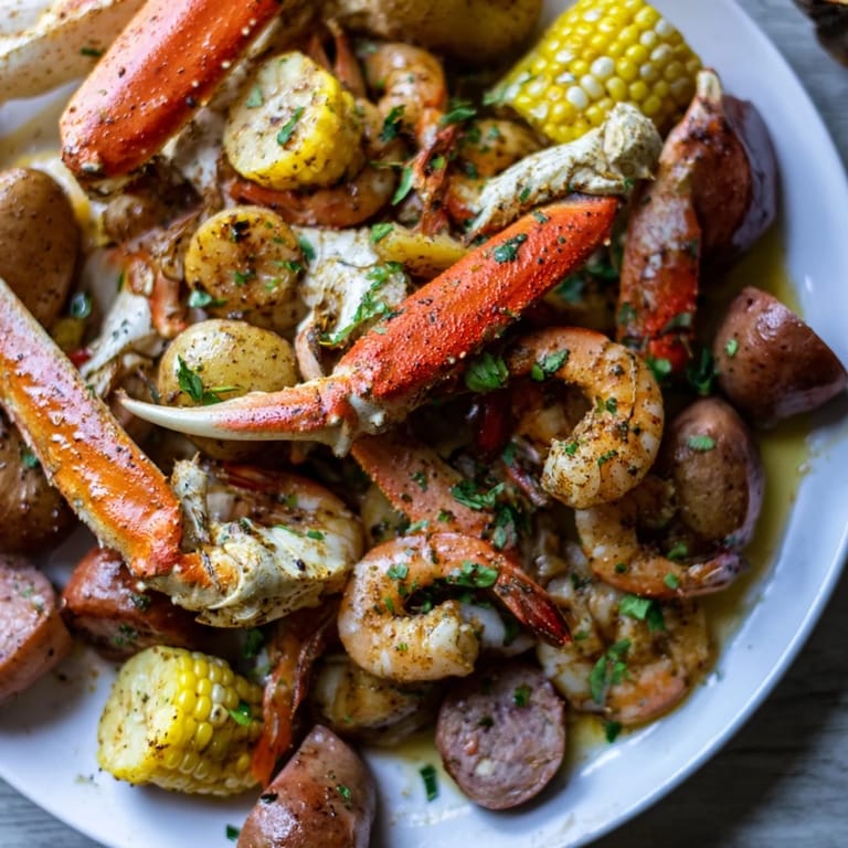 Festive seafood boil featuring juicy crab and shrimp, spiced sausage, and corn.  