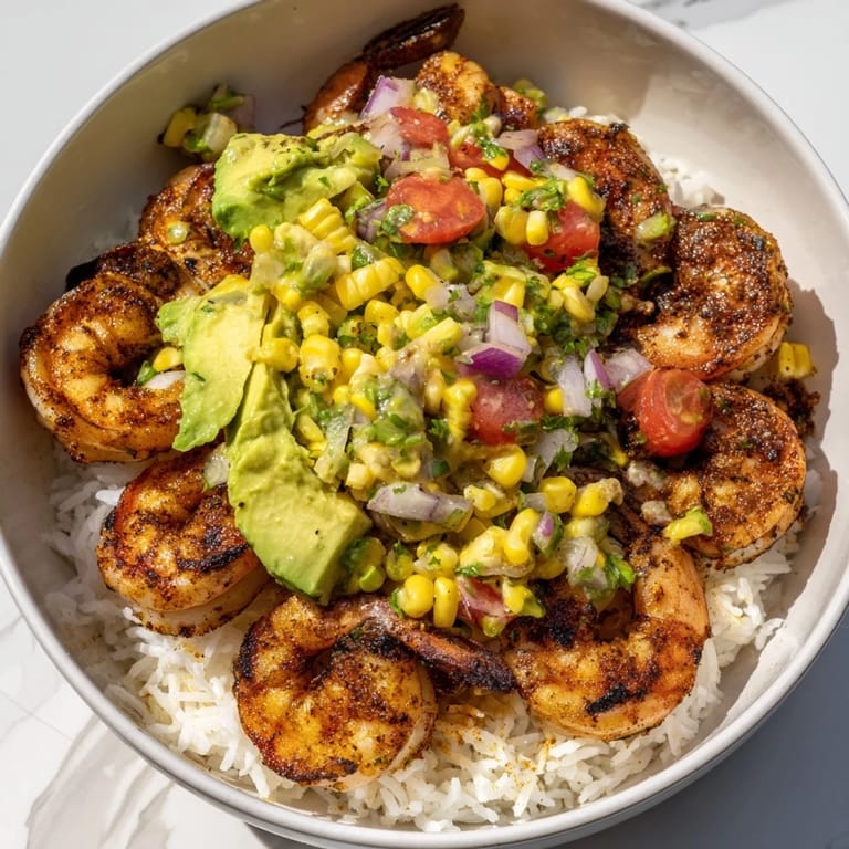 Vibrant image of a summer-ready Easy Grilled Shrimp Bowl; perfectly grilled shrimp and fresh toppings.