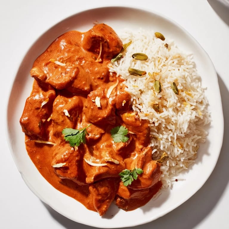 Close-up of Butter Chicken & Rice Pilaf, featuring a rich sauce and fluffy, spiced basmati rice.