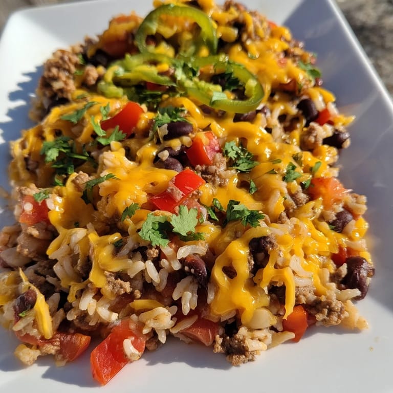 A close-up shot of a savory Tex-Mex Beef & Rice Casserole, filled with colorful vegetables and seasoned beef.
