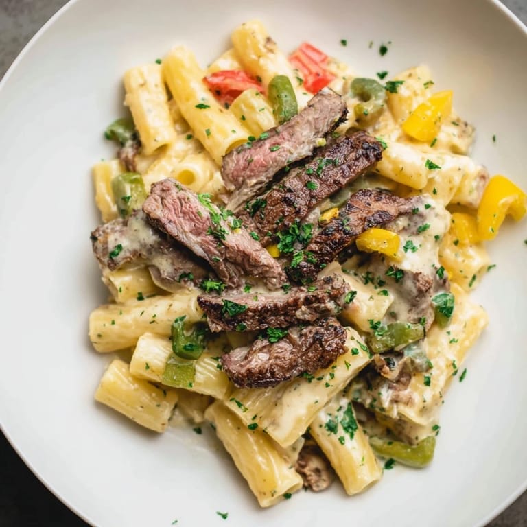 Golden, cheesy Philly Cheese Steak Pasta, a comforting bowl of pasta with peppers and beef.