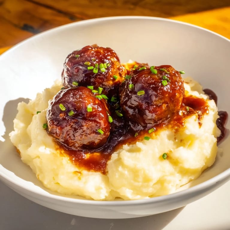 A close-up of savory BBQ meatballs and creamy mashed potatoes, ready for a delicious dinner.