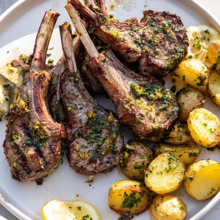 Juicy, seared herbed lamb chops glistening on a plate, alongside perfectly crisp roasted potatoes.