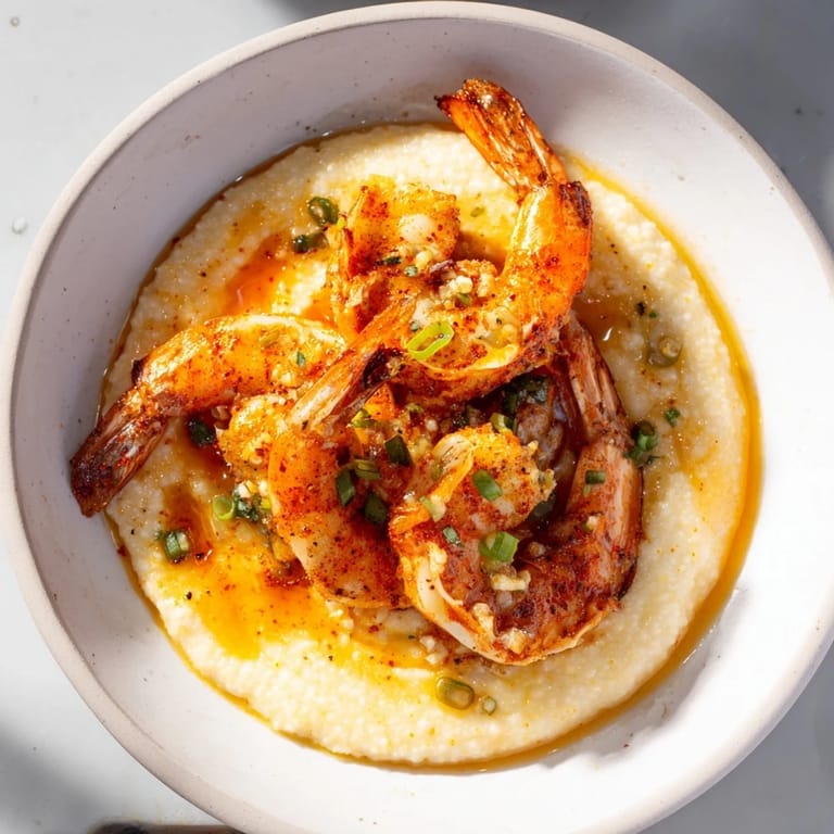 A delicious bowl of Southern comfort: flavorful Shrimp & Grits with fresh parsley garnish.