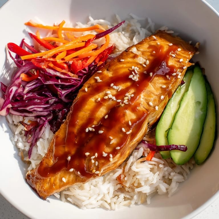 Enjoy this vibrant close-up of a perfectly plated sweet chili salmon rice bowl, ready to eat.