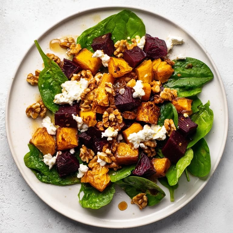 Hearty Roasted Beet, Butternut & Spinach Salad, featuring roasted squash, spinach, and crumbled goat cheese.