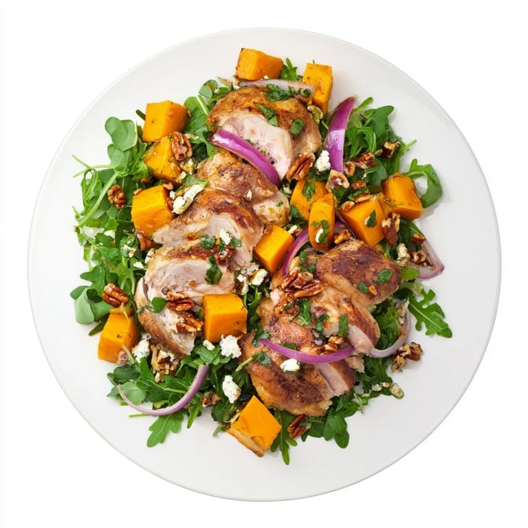 A sheet-pan filled with Roasted Chicken & Winter Squash Salad, featuring colorful roasted vegetables and juicy chicken.