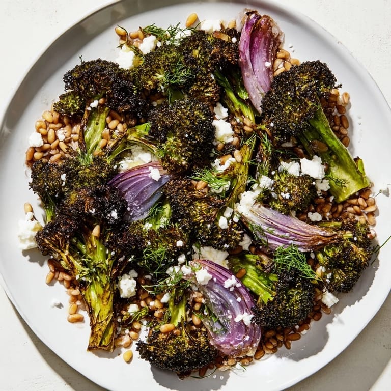 A delicious bowl of healthy Warm Roasted Broccoli with garlic, served warm over farro and herbs.