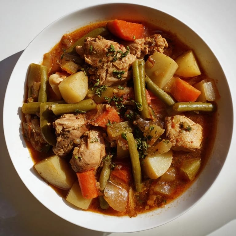 Fresh parsley garnishes a bowl of delicious Slow-Cooker Chicken & Vegetable Stew, perfect for a warming meal.