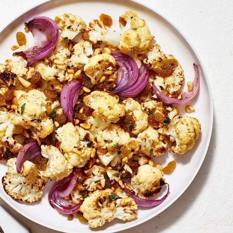 Warm roasted cauliflower and lemon pine-nut dressing salad, topped with toasted nuts and golden raisins.