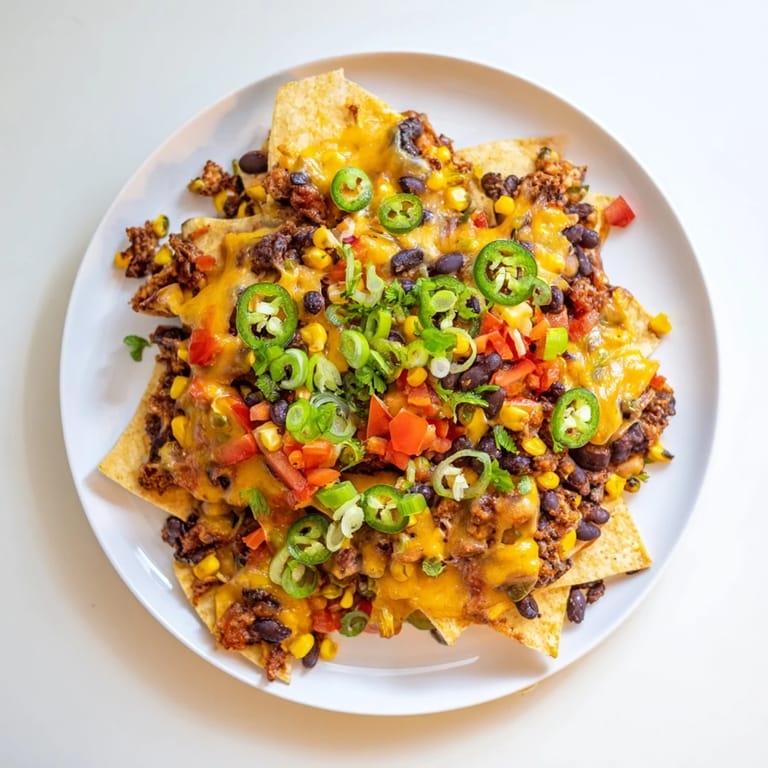 Cheesy sheet-pan nachos with crunchy tortilla chips, fresh toppings, and a warm, bubbly baked texture.