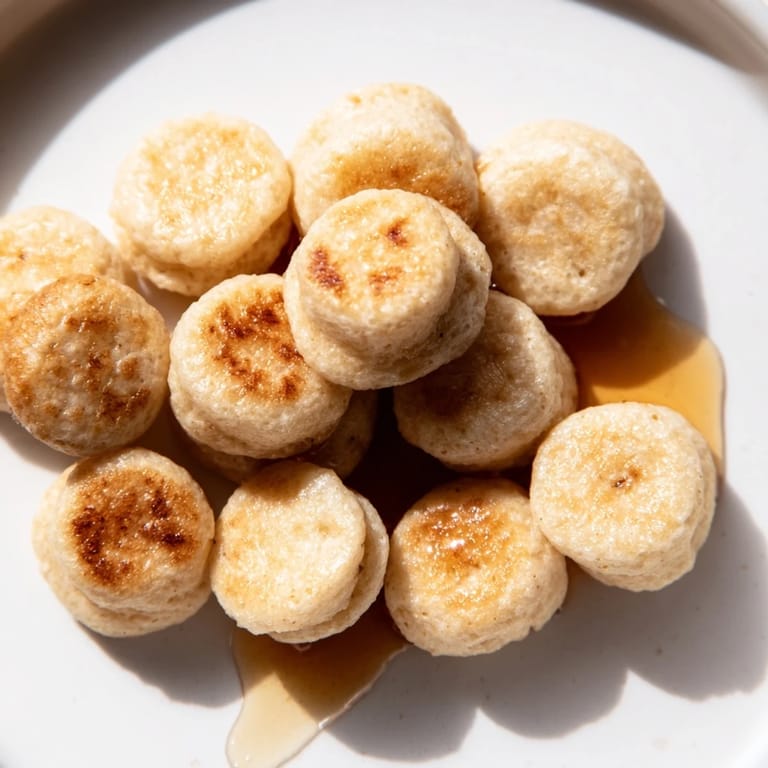 A delightful close-up of pancake cereal, miniature pancakes ready to be enjoyed as a fun breakfast.