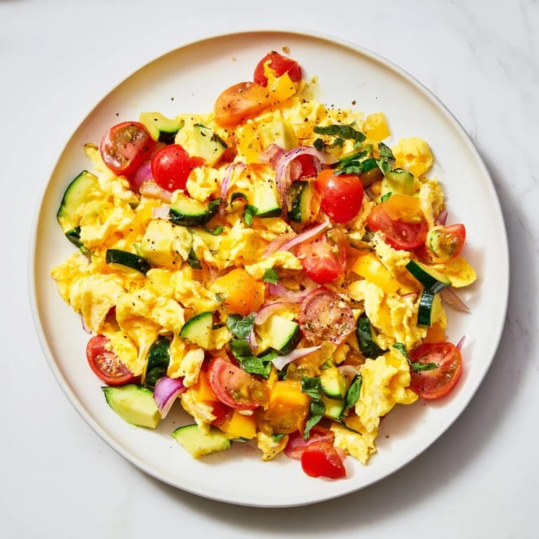 A close-up view of a hearty Egg & Veggie Sheet Pan Scramble, showcasing the flavorful baked ingredients.