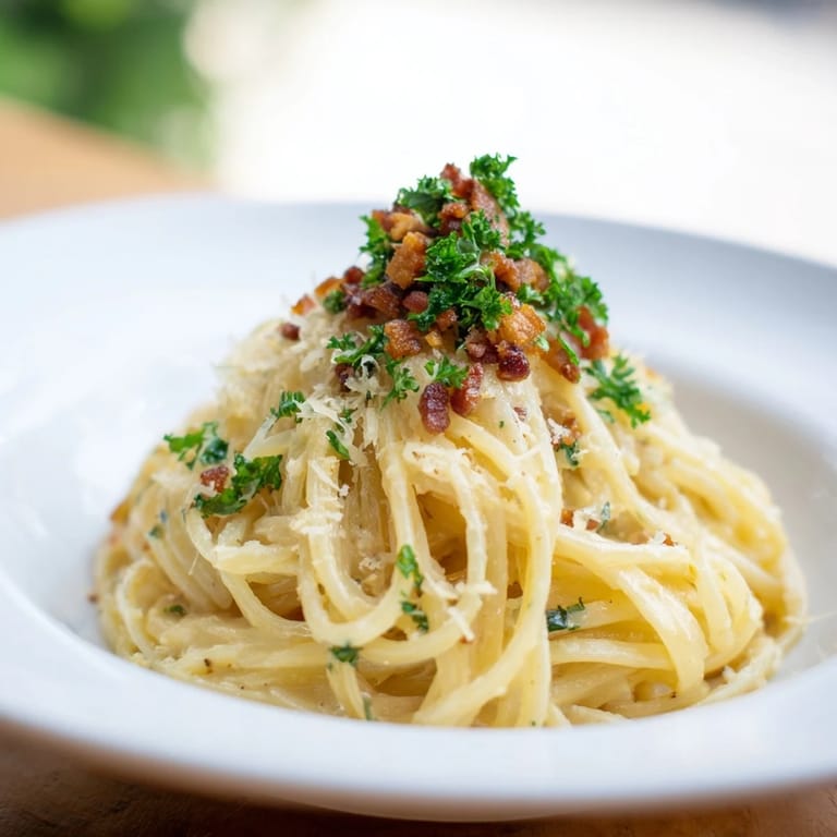 Creamy Garlic Butter Pasta, featuring perfectly cooked pasta and a generous bacon crumble topping.